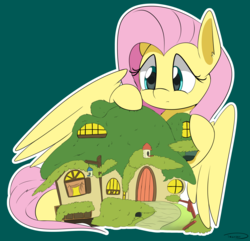 Size: 3215x3102 | Tagged: safe, artist:taurson, fluttershy, pegasus, pony, g4, female, fluttershy's cottage, giant pony, high res, macro, mare, solo, white outline