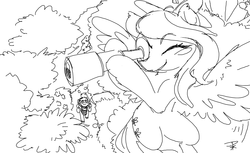 Size: 2020x1234 | Tagged: safe, artist:prismspark, big macintosh, fluttershy, g4, adventure, female, male, monochrome, ms paint, perspective, ship:fluttermac, shipping, sketch, straight, telescope