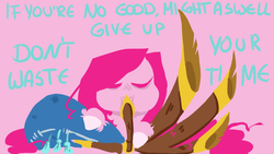 Size: 800x450 | Tagged: safe, artist:eqq_scremble, derpibooru exclusive, pinkie pie, g4, yakity-sax, depression, lineless, long description, musical instrument, op has a point, op has opinions, pinkamena diane pie, rant in the description, text, yovidaphone