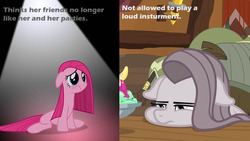 Size: 1280x720 | Tagged: safe, edit, edited screencap, screencap, pinkie pie, earth pony, pony, g4, party of one, yakity-sax, comparison, depressed, female, floppy ears, food, frown, ice cream, leaning, lidded eyes, mare, odd priorities, op has a point, pinkamena diane pie, sitting, spotlight, squishy cheeks, sundae, text, truth, wavy mouth