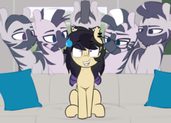 Size: 1280x920 | Tagged: safe, artist:darkwolfhybrid, artist:shinodage, edit, oc, oc:darkius wolficus, bat pony, pony, zebra, bat pony oc, ear piercing, fuck, heterochromia, piercing, piper perri surrounded, sweatdrop, this will end in death, this will end in tears and/or death