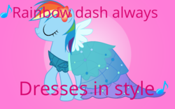 Size: 1082x674 | Tagged: safe, rainbow dash, pony, g3, g4, caption, clothes, covered wings, dress, equine, female, meme, princess dress, rainbow dash always dresses in style, solo, wallpaper
