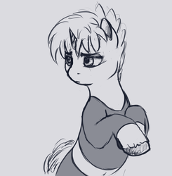 Size: 984x1006 | Tagged: safe, artist:fynjy-87, oc, oc only, pony, unicorn, clothes, gray background, grayscale, monochrome, simple background, solo, unshorn fetlocks