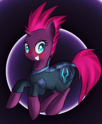 Size: 599x726 | Tagged: safe, artist:brok-enwings, fizzlepop berrytwist, tempest shadow, pony, unicorn, g4, my little pony: the movie, armor, blushing, broken horn, eye scar, female, horn, scar, solo