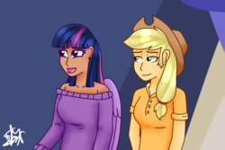 Size: 2500x1666 | Tagged: safe, artist:spokenmind93, applejack, twilight sparkle, alicorn, human, g4, not asking for trouble, excited, humanized, signature, smug, twilight sparkle (alicorn), winged humanization, wings