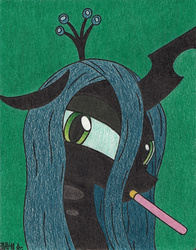 Size: 1636x2092 | Tagged: safe, artist:aracage, queen chrysalis, changeling, changeling queen, g4, bust, crown, female, food, green background, jewelry, lidded eyes, pocky, portrait, quadrupedal, regalia, simple background, solo, traditional art