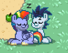 Size: 224x175 | Tagged: safe, bow hothoof, soarin', pegasus, pony, pony town, g4, bowsoarin, gay, male, onomatopoeia, shipping, sleeping, sound effects, stallion, unshorn fetlocks, zzz