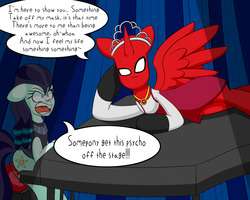 Size: 1280x1024 | Tagged: safe, artist:jake heritagu, coloratura, oc, oc:princess deadpool, alicorn, pony, g4, angry, clothes, commission, cosplay, costume, deadpool, musical instrument, piano, ponified, princess, rara, trolling