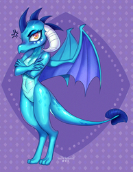 Size: 992x1280 | Tagged: safe, artist:tawni-tailwind, princess ember, dragon, g4, angry, baka, belly button, blushing, crossed arms, dragoness, female, looking at you, pouting, solo, spread wings, standing, tsundember, tsundere, wings