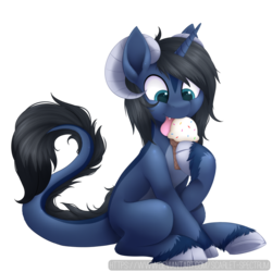 Size: 900x900 | Tagged: safe, artist:scarlet-spectrum, oc, oc only, oc:zephyr tone, ambiguous species, pony, cute, dessert, digital art, eating, food, ice cream, ice cream cone, licking, male, signature, simple background, sitting, solo, tongue out, transparent background