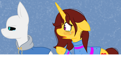 Size: 1024x515 | Tagged: safe, artist:imaginationstudios43, pony, blushing, crying, duo, female, frisk, looking away, male, mare, ponified, sans (undertale), stallion, story included, undertale