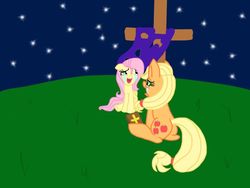 Size: 736x552 | Tagged: artist needed, safe, applejack, fluttershy, g4, bible, christianity, cross, crying, crying on the outside, fluttercry, religious headcanon