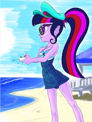 Size: 777x1035 | Tagged: safe, artist:xjleiu, sci-twi, twilight sparkle, equestria girls, equestria girls specials, g4, my little pony equestria girls: better together, my little pony equestria girls: forgotten friendship, attached skirt, beach, bow swimsuit, clothes, female, geode of telekinesis, glasses, hat, ocean, one-piece swimsuit, open mouth, ponytail, remote, sand, skirt, solo, swimsuit