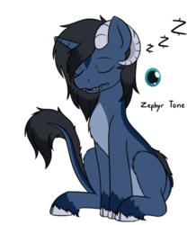 Size: 773x888 | Tagged: safe, artist:mynder, oc, oc only, oc:zephyr tone, ambiguous species, pony, cloven hooves, fangs, male, simple background, sitting, sleeping, solo, white background, zzz