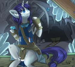 Size: 625x563 | Tagged: dead source, safe, artist:php154, rarity, pony, unicorn, g4, alternate universe, cave, clothes, commission, crystal, digital art, female, gem, hoof hold, mare, minecart, miner, pickaxe, signature, sitting, solo