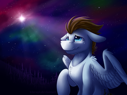 Size: 4000x3000 | Tagged: safe, artist:klarapl, oc, oc only, oc:core, pegasus, pony, commission, crying, digital art, high res, looking up, male, sad, signature, solo, space, stallion, stars, teary eyes
