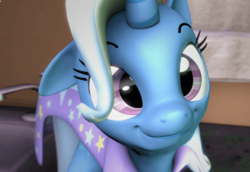 Size: 778x535 | Tagged: safe, artist:fishimira, trixie, pony, unicorn, g4, 3d, clothes, cute, diatrixes, female, horn, looking at you, mare, smiling, smiling at you, solo, source filmmaker, weapons-grade cute