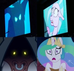 Size: 720x688 | Tagged: safe, screencap, lord tirek, princess celestia, silverstream, storm king, pony, seapony (g4), g4, season 4, season 8, twilight's kingdom, what lies beneath, collage, comparison, cropped, ethereal mane, female, male, mare, nose piercing, nose ring, piercing, san diego comic con, seapony silverstream, septum piercing