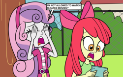 Size: 2592x1625 | Tagged: safe, artist:eagc7, apple bloom, sweetie belle, equestria girls, g4, cellphone, clothes, comic, covering eyes, dialogue, duo, fence, gasp, nickelodeon, one-panel comic, open mouth, phone, reference, shocked, smartphone, speech bubble, text, the loud house, tree