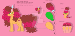 Size: 1024x505 | Tagged: safe, artist:kiralindocruz, oc, oc only, oc:cupcake party pie, earth pony, pony, baby, baby pony, base used, female, hat, huge mane, huge tail, mare, offspring, parent:cheese sandwich, parent:pinkie pie, parents:cheesepie, party hat, pink background, reference sheet, simple background, solo, unshorn fetlocks, watermark