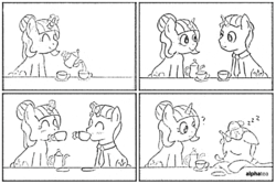 Size: 6000x4000 | Tagged: safe, artist:cakonde, oc, oc only, oc:alpha tea, oc:camellia yasmina, pony, unicorn, alphellia, blushing, confused, cup, duo, female, food, looking at each other, loss (meme), male, mare, monochrome, nap, necktie, saucer, simple background, sipping, sipping tea, sleeping, smiling, stallion, tea, teacup, teapot, zzz