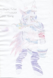 Size: 1520x2228 | Tagged: safe, artist:deluxeflame, twilight sparkle, alicorn, pony, g4, bipedal, clothes, colored pencil drawing, cosplay, costume, female, levitation, magic, solo, telekinesis, traditional art, wing extensions, xayah
