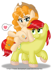 Size: 2825x3895 | Tagged: safe, artist:aleximusprime, bright mac, pear butter, earth pony, pony, g4, the perfect pear, accessory swap, applejack's parents, cowboy hat, female, hat, heart, high res, male, pictogram, raised hoof, ship:brightbutter, shipping, simple background, stetson, straight, transparent background, unshorn fetlocks