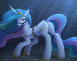Size: 1200x960 | Tagged: dead source, safe, artist:scheadar, princess celestia, alicorn, pony, g4, my little pony: the movie, ass up, bondage, bound wings, bridle, butt, clothes, commission, crown, cutie mark, dock, dungeon, female, femsub, floppy ears, hoof shoes, horn, horn ring, jewelry, leash, looking at you, magic suppression, mare, padlock, plot, regalia, rope, sad, shoes, solo, sublestia, submissive, sunbutt, tack, tally marks