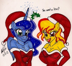 Size: 1211x1120 | Tagged: safe, artist:newyorkx3, princess luna, spitfire, anthro, g4, blushing, breasts, bronybait, christmas, cleavage, clothes, dialogue, evening gloves, female, gloves, hat, holiday, holly, holly mistaken for mistletoe, imminent kissing, long gloves, mistleholly, mistletoe, santa hat, signature, simple background, traditional art, white background