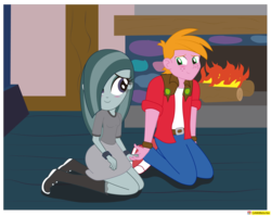 Size: 2889x2295 | Tagged: safe, artist:conikiblasu-fan, big macintosh, marble pie, equestria girls, g4, hearthbreakers, blushing, boots, clothes, equestria girls interpretation, equestria girls-ified, female, fireplace, hair over one eye, high res, holding hands, kneeling, male, miniskirt, scene interpretation, ship:marblemac, shipping, shoes, shy, skirt, smiling, straight