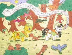 Size: 3789x2917 | Tagged: safe, artist:jamestkelley, applejack, coloratura, bird, squirrel, g4, cute, forest, happy, high res, jackabetes, music notes, rarabetes, singing, snow white, traditional art, tree