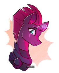 Size: 2800x3459 | Tagged: safe, artist:kaatseye, fizzlepop berrytwist, tempest shadow, pony, unicorn, g4, broken horn, bust, ear fluff, eye scar, female, glowing horn, high res, horn, looking at you, portrait, profile, scar, side view, simple background, solo