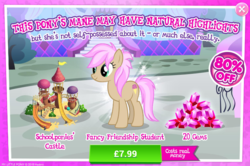 Size: 794x527 | Tagged: safe, gameloft, strawberry scoop, earth pony, pony, g4, school daze, advertisement, background pony, costs real money, female, friendship student, gem, introduction card, mare, solo