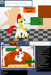 Size: 1200x1780 | Tagged: safe, artist:hakar-kerarmor, oc, oc only, oc:arrowhead, pegasus, pony, ask four inept guardponies, bedroom eyes, chat, couch, female, hilarious in hindsight, implied big macintosh, implied lesbian, implied pinkie pie, implied rainbow dash, implied rarity, implied tempest shadow, implied thanos, implied thunderlane, implied twilight sparkle, mare, preenhub, preening, royal guard, solo, thanos, wings