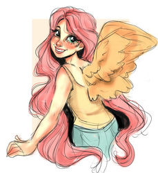 Size: 833x908 | Tagged: safe, artist:cerutwidraws, fluttershy, human, g4, clothes, denim, humanized, looking at you, red nosed, shirt, simple background, smiling, t-shirt, winged humanization, wings