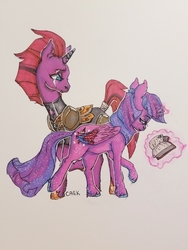 Size: 3024x4032 | Tagged: safe, artist:colorlesscupcake, tempest shadow, twilight sparkle, alicorn, pony, unicorn, g4, book, broken horn, duo, female, horn, mare, prosthetic horn, prosthetics, tempest gets her horn back, traditional art, twilight sparkle (alicorn)