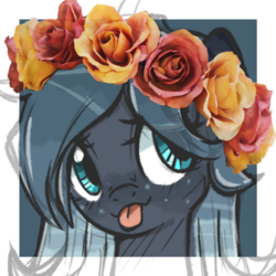 Size: 600x600 | Tagged: safe, artist:xsidera, oc, oc only, oc:raina, pony, cute, female, flower, looking at you, mare, mlem, rose, silly, solo, tongue out