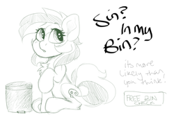 Size: 540x359 | Tagged: safe, artist:spoopygander, oc, oc only, oc:elli, earth pony, pony, female, looking back, looking up, mare, meme, simple background, sitting, sketch, solo, text, white background