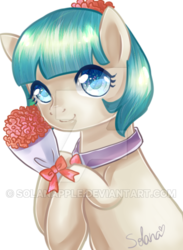Size: 400x545 | Tagged: safe, artist:solanapple, coco pommel, earth pony, pony, g4, bouquet, bouquet of flowers, deviantart watermark, female, flower, flower in hair, mare, signature, simple background, smiling, solo, transparent background, watermark