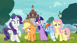 Size: 1920x1080 | Tagged: safe, screencap, angel bunny, applejack, fluttershy, rainbow dash, rarity, twilight sparkle, alicorn, pony, g4, yakity-sax, discovery family logo, twilight sparkle (alicorn)