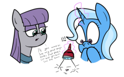 Size: 1334x826 | Tagged: safe, artist:moonatik, maud pie, trixie, g4, 30 minute art challenge, cup, exclamation point, female, flashlight (object), gravity falls, male, simple background, teacup, transparent background