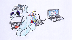 Size: 1802x1026 | Tagged: safe, artist:1438, object pony, original species, pony, computer, laptop computer, not salmon, paper, ponified, printer, simple background, traditional art, wat