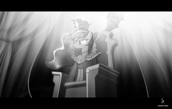 Size: 1312x836 | Tagged: safe, artist:zidanemina, princess luna, alicorn, pony, g4, clothes, female, grayscale, letterboxing, monochrome, saint seiya, sitting, smiling, solo, throne, widescreen