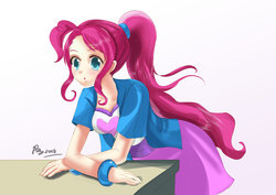 Size: 1280x905 | Tagged: safe, artist:love2eategg, pinkie pie, human, equestria girls, g4, alternate hairstyle, anime, clothes, cute, diapinkes, female, humanized, moe, ponytail, skirt, solo