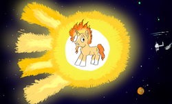 Size: 1694x1030 | Tagged: safe, artist:horsesplease, sunburst, pony, g4, catasterism, fiery sunburst, fire, implied starlight glimmer, male, mane of fire, planet, solar system, solo, space, space station, spaceship, stallion, stars, sun, worried