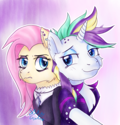 Size: 2894x3024 | Tagged: safe, artist:8bitgalaxy, fluttershy, rarity, g4, alternate hairstyle, cheek fluff, couple, duo, female, fluttergoth, high res, lesbian, looking at you, punk, raripunk, selfie, ship:flarity, shipping, signature, simple background