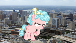 Size: 2000x1139 | Tagged: safe, artist:auskeldeo, artist:kuren247, edit, vector edit, cozy glow, pegasus, pony, g4, baltimore, cozy glow is best facemaker, female, filly, foal, freckles, giant pony, highrise ponies, irl, macro, maryland, photo, pure concentrated unfiltered evil of the utmost potency, raised hoof, smiling, smirk, solo, story in the source, story included, united states, vector