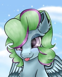 Size: 1024x1272 | Tagged: safe, artist:legenddestroye, oc, oc only, oc:serene winds, pegasus, pony, bust, deviantart watermark, female, mare, portrait, solo, tongue out, watermark
