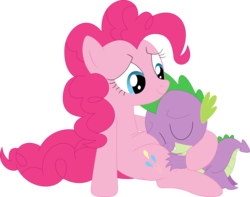 Size: 3582x2827 | Tagged: safe, artist:porygon2z, pinkie pie, spike, dragon, earth pony, pony, g4, belly, belly pillow, dragon x pony, eyes closed, female, high res, interspecies, male, misleading thumbnail, ship:pinkiespike, shipping, simple background, sleeping, spikelove, straight, transparent background, vector