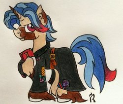 Size: 1024x866 | Tagged: safe, artist:dawn-designs-art, oc, oc:fernando, pony, unicorn, book, clothes, coat markings, male, paint, paint horse, pinto, ponies of the vineyard, rpg, simple background, stallion, traditional art, white background
